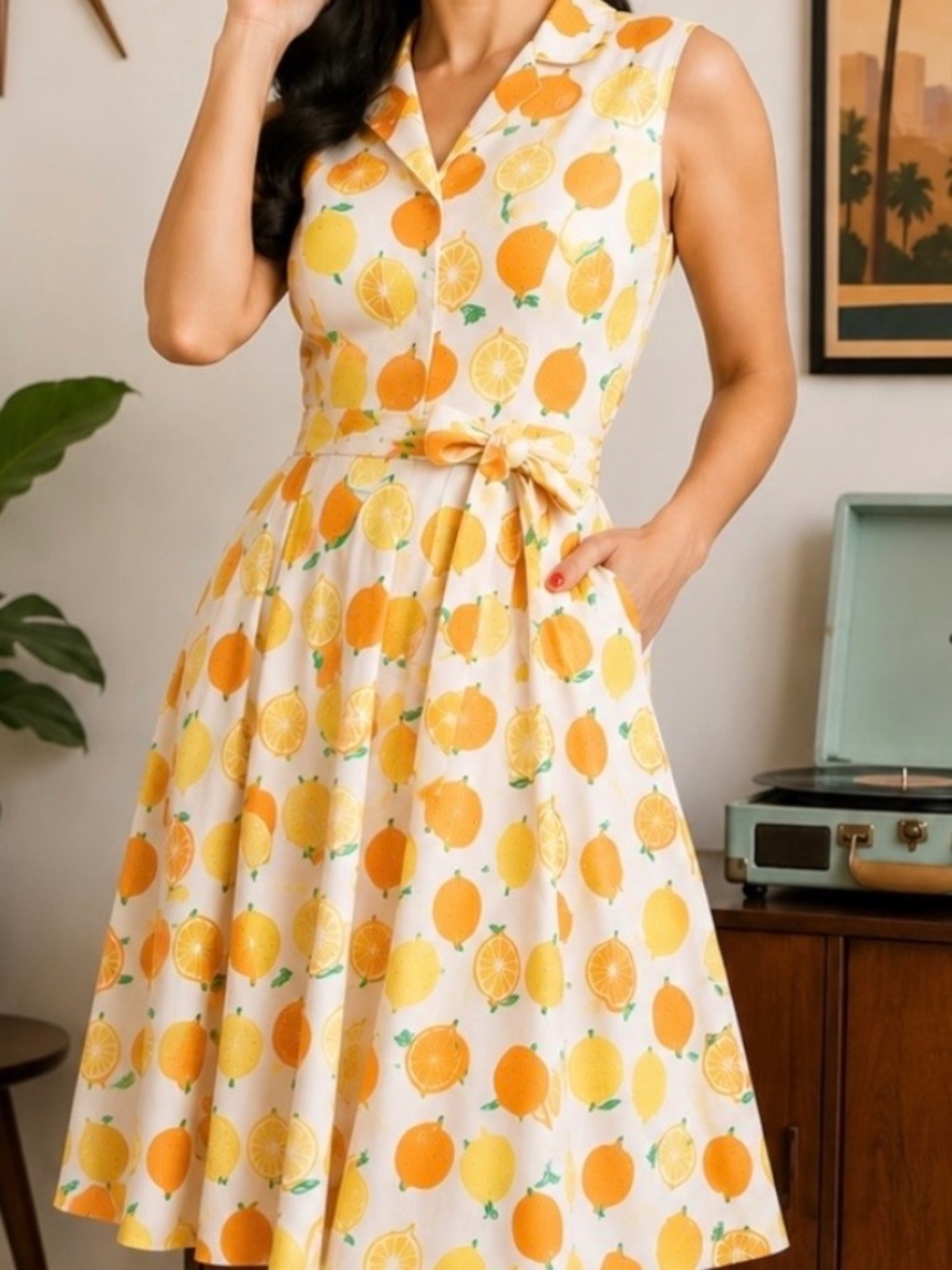 L.A. Soul Lemon Print Retro Shirt Dress Belted Pockets Yellow Vintage Rockabilly